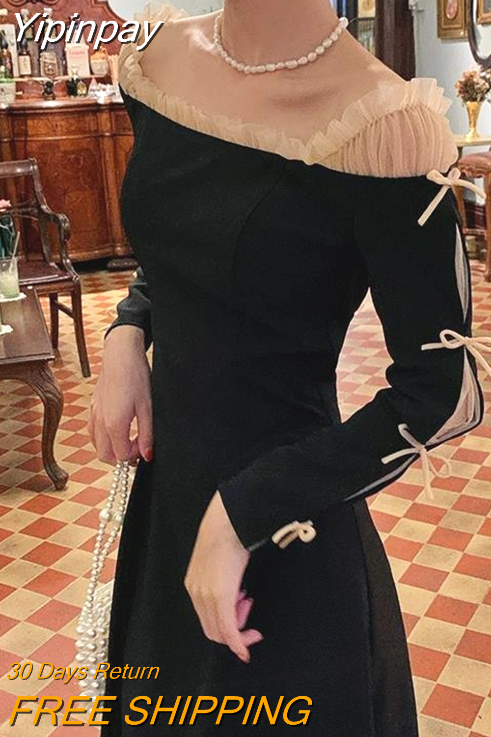Yipinpay Fahsion Evening Party Dress Women Off Shoulder Bow Vintage Midi Dress Lady Elegant Long Sleeve Black Dress 2023 Winter