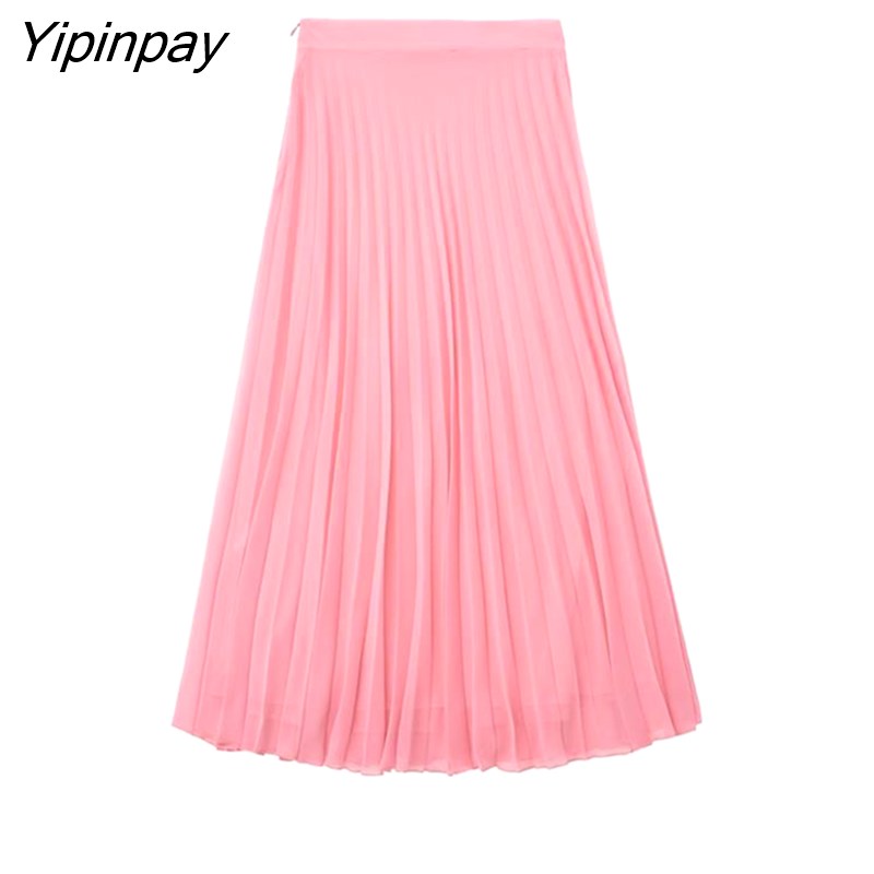 Yipinpay Women Chiffon Pleated Skirts Sets 2023 Summer Thin Female Elegant Sleeveless Shirts Mid-Calf A-Line Skirts