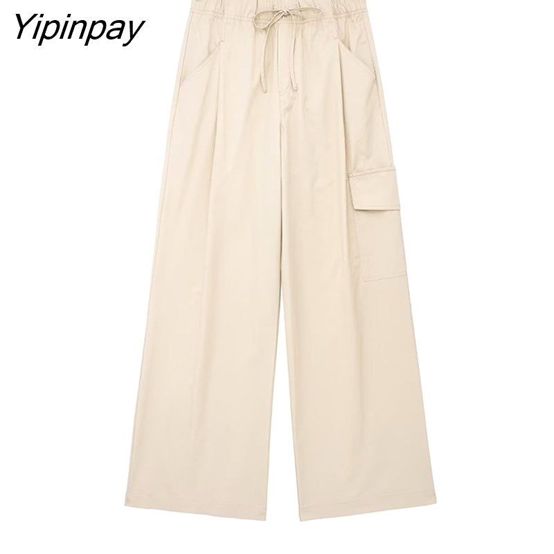 Yipinpay 2023 New Fashion Women Solid Cargo Pants Summer High Waist Straight Long Pants Casual High Street Pocket Outwear Two Colors