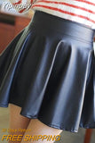 Yipinpay Women Faux Leather Vintage Skirts Elastic High Waist Skater Flared Pleated Stretch Mini Skirt