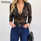 Yipinpay Women V-Neck Soild Lace Backless Long Sleeve Bodysuit Blouse Womens Tops and Blouses