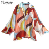 Yipinpay Women Geometric Print Pant Shirt Sets 2023 New Summer Fashion Single Breasted Blouse+Wide Leg Pants Causal Outwear