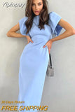 Yipinpay Elegant Blue Bodycon Dresses Women Puff Sleeve Ruched Long Dress Round Neck Office Ladies Split Dress Summer 2023