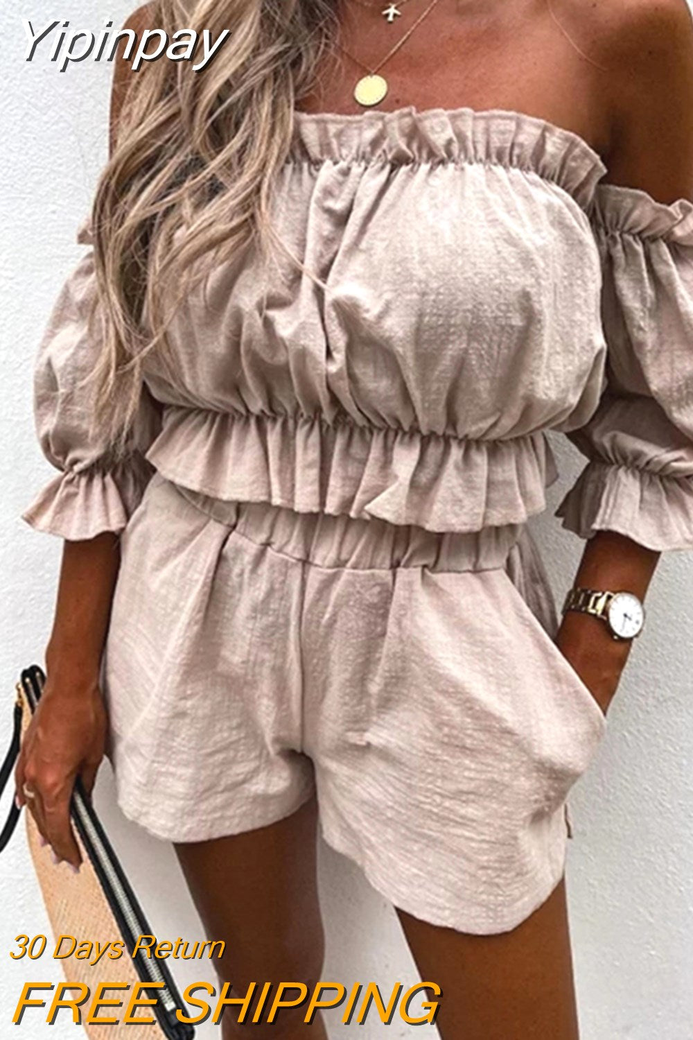 Yipinpay Two-Pieces Top and Shorts Suits Summer Beach Suits Women Casual Off-Shoulder Short Sleeve Crops Tops High Waist Shorts