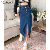Yipinpay A-line High Waist Long Vintage Versatile Split Denim Skirt Woman