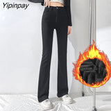 Yipinpay Thicken Velvet Warm Denim Flare Pants Stretch High Waist Casual Winter Plush Bell Bottom Jeans Woman