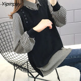 Yipinpay Oversized Crop Top Mujer Long Sleeve Striped Splice Knitted Sweater Casual Pullover Women Harajuk Black Red Yellow