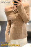 Yipinpay Shoulder Y2k Knitted Sweater Women Casual Long Sleeve Elegant Pullover 2023 Autumn Pure Color Korea Fashion Tops Female Chic