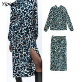 Yipinpay Women Printed Skirt Sets O-neck Long Sleeve Tops+Mid-Calf Straigh Skirts Sets 2023 Elegant Vintage Casual Sweater