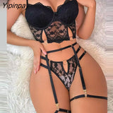 Yipinpay Women Solid Sexy Spaghetti Straps Lace Hollow Out Bandage Exotic Babydolls Set