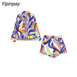 Yipinpay 2023 Summer Women 2PCS Print Blouses+Skirts Set New Turn Down Collar Long Sleeve Tops High Waist Dress Girl Outfits