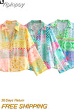 Yipinpay Patchwork Button Up Shirt Women Print Long Sleeve Top Female Loose Summer Blouses Woman 2023 Collared Women's Beach Shirt