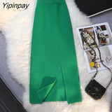 Yipinpay Winter Green Slit Knitted Skirt High Waist Korean Long Skirt