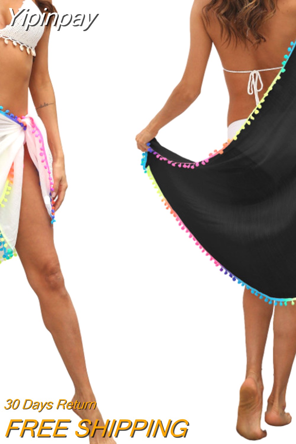 Yipinpay Women Beach Sarongs, Sexy Sheer Mesh Swimsuit Wrap Skirt Bikini Cover Up with Colorful Pompom Tassel Summer 2023