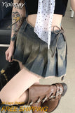 Yipinpay Grunge Y2k Denim Skirt Pleated Women Vintage Acubi Fashion Irregular Low Waist Bandage A-line Sexy Mini Skirt Streetwear