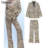 Yipinpay New 2023 Spring Women Leopard Print Blazer Suits Office Outfits Zebra Stripes Jacket+Pant Long Sleeve Fashion Outwear