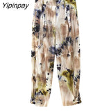 Yipinpay Summer Women Print Blouse Pants Sets 2023 Casual Long Sleeve Short Shirt Tops Elastic Waist Pants Outwear