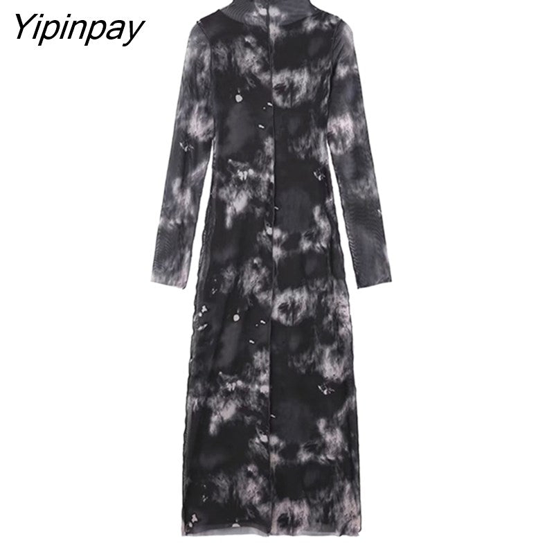 Yipinpay New Fashion Women Tulle Dresses 2023 Elegant Party Sheath Mid-Calf Slim Dress Long Sleeve Turtleneck Vestidos