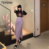 Yipinpay Summer New Two-piece Suit Loose Casual Print T-shirt And High Waist Slit Skirt 2 Piece Set Women