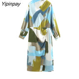 Yipinpay 2023 Women Plaid Mid-Calf Dresses With Slipt Fashion Female O-neck Party Vestidos Long Sleeved Dresses Soft Outwear