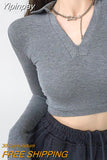 Yipinpay Fashion Y2K Polo Shirts Women Spring Autumn New Slim V-neck Tshirt Feminina Sexy Long Sleeve Crop Tops