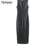 Yipinpay Elegant Women Faux-leather Dresses 2023 Autumn Fashion PU Solid Vestidos Asymmetrical Sleeveless Backless Pullover Dress