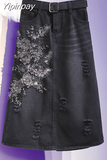 Yipinpay Mid-length Denim Skirt Women Half-length Skirt Female Plus Size 90 KG New Embroidered Flower Casual Skirt A-line
