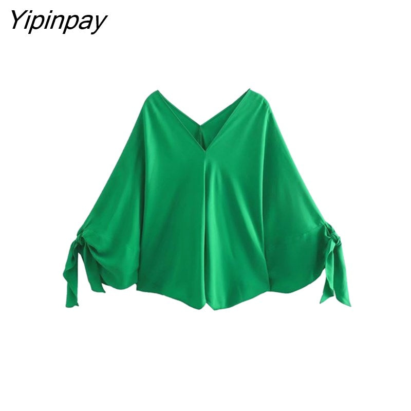 Yipinpay Women's Suits Fashion Batwing Sleeve Blouse + Long Pants 2Pcs Sets 2023 Casual Tops Outfits Elegant Office Ladies Sets