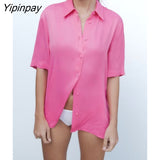 Yipinpay Newest Summer Women Solid Blouses Shirt 2023 Causal Short Sleeved Turn Down Collar Tops Vintage Single Breasted T-Shirts