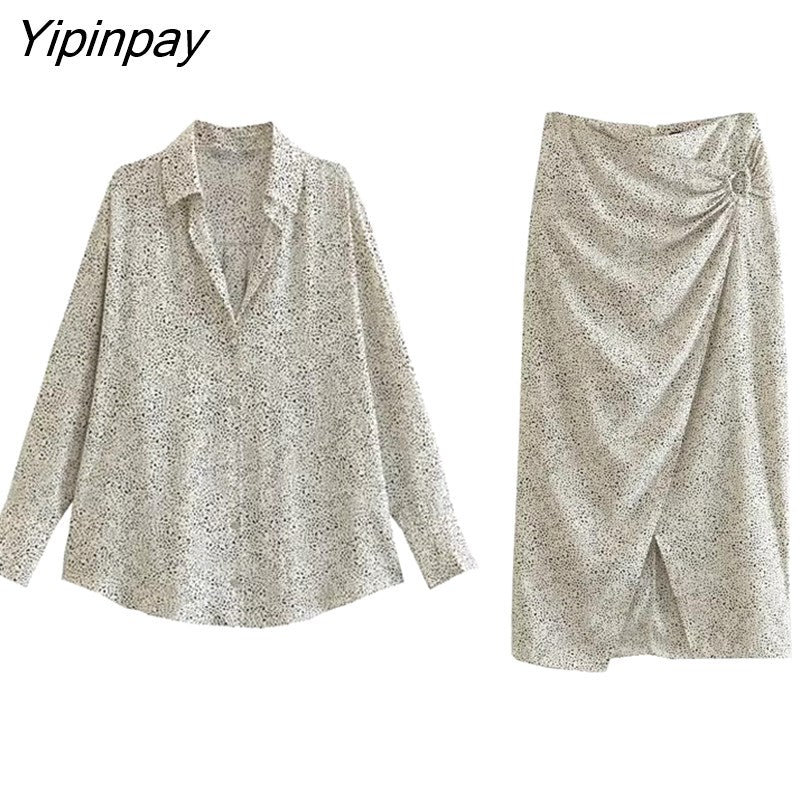 Yipinpay Summer Women Printed Skirt Set Long Sleeve Turn Down Collar ShirtHigh Waist Straight Elastic Pleated Skirts Casual Outwear