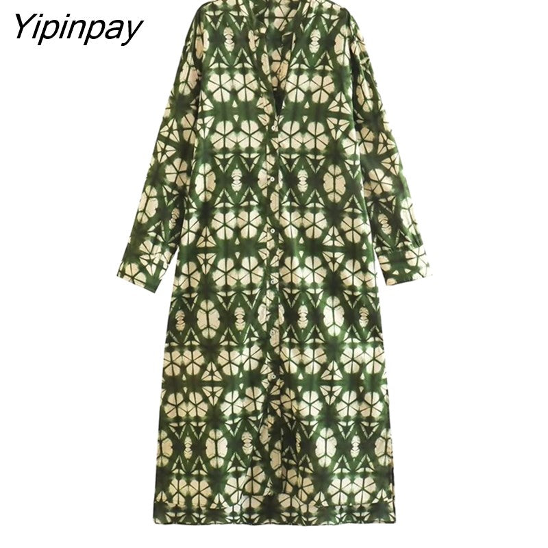 Yipinpay 2023 Summer Women Printed Shirt Dresses Elegant O-neck Single Breasted Dress A-line Long Sleeve Mid-Calf Vestidos