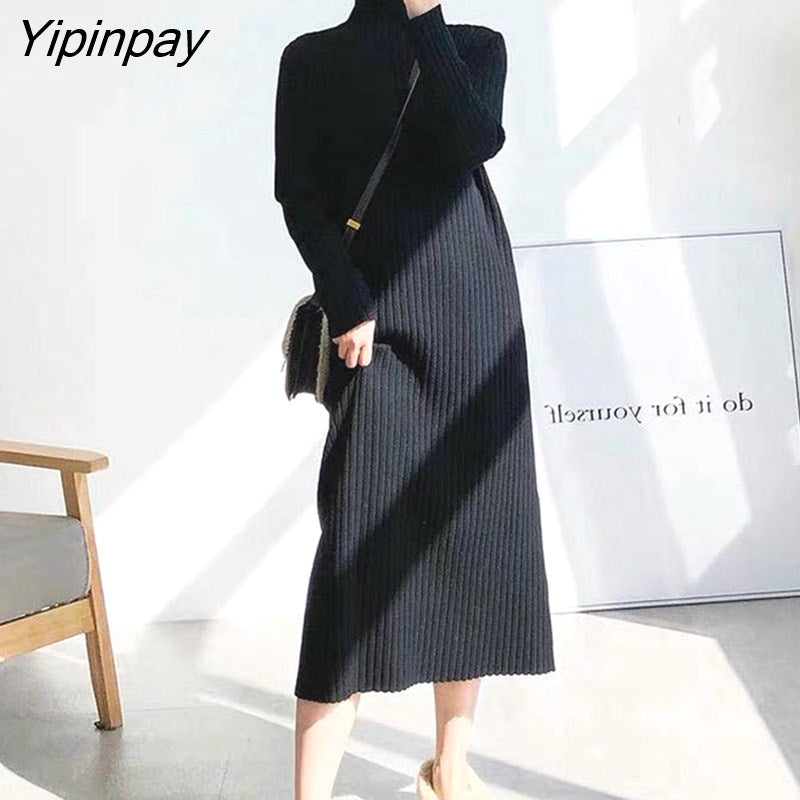 Yipinpay Autumn New Women Dress Korean Style Fashion Knitted Sweater Dress Long Slim Female 2023 HOT vestidos