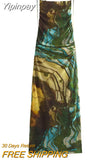 Yipinpay Print Backless Slip Dress Woman Ruched Mesh Dress Women Tulle Sexy Long Dresses For Women 2023 Summer Beach Party Dresses