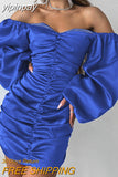 yipinpay Elegant Backless Women Sexy Off Shoulder Long Sleeve Club Mini Dress Bodycon Fashion Autumn Party Satin Blue Dress 2023