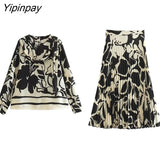 Yipinpay Summer Women Chain Skirt Sets Fashion Long Sleeve Printed Shirts High Waist Straight Elastic Pleated Skirts Casual Outwear