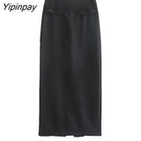 Yipinpay Women Solid Blazer Vest Skirts Sets 2023 Female Elegant Single Breasted Jackets Mid-Calf Pockets Skirt Sleeveless Tops