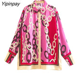 Yipinpay Women Chain Print Blouses 2023 Summer Casual Turn Down Collar Loose Tops Fashion Single Breasted Shirts