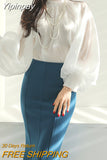 Yipinpay Fashion White Shirts Women French Loose Bow Blouse Female Elegant Turtleneck Puff Sleeve Tops 2023 New