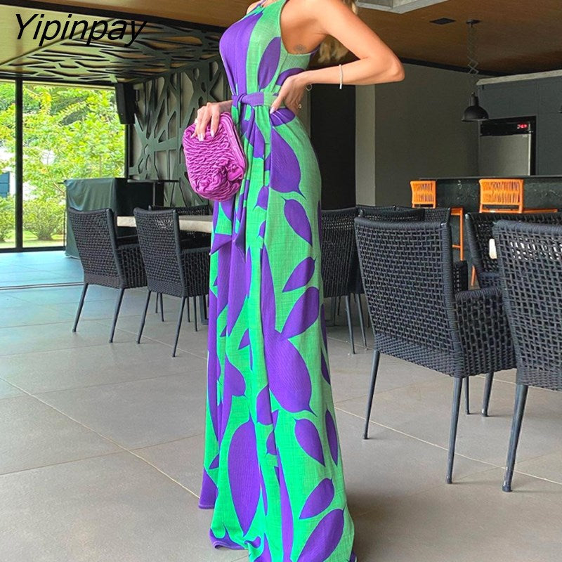 Yipinpay Women Elegant Sleeveless Round Neck Cami Leaf Pattern Sashes Straight  Leg Sexy Jumpsuit 920