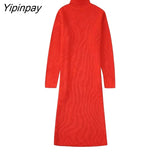 Yipinpay 2023 Winter Women Long Knitted Dress Ladies Party Mid-Calf Turtleneck Warm Vestidos Fashion Long Sleeve A-line Swearters