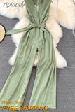 Yipinpay Women Wide Leg Pants Jumpsuit Sleeveless Sashes Casual High Waist Overalls Office Ladies Elegant Playsuits Plain 2023