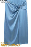 Yipinpay Knot Satin Skirt Women Blue High Waist Midi Skirt Woman Long Skirts For Women Fashion 2023 Chic And Elegant Woman Skirt
