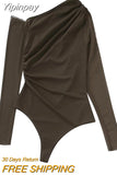 Yipinpay Brown Mesh Bodysuit Women Long Sleeve Body Woman Tulle See Through Bodysuit Lingerie Sexy Off Shoulder Asymmetrical Top