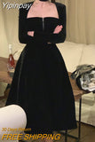 Yipinpay Vintage Velvet Midi Dress Woman Black Elegant Evening Party Dress Casual One Piece Dress Korean Fashion 2023 Autumn Slim
