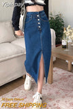 Yipinpay A-line High Waist Long Vintage Versatile Split Denim Skirt Woman