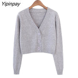 Yipinpay Summer Knitted Crop Cardigan Women Korean Short Sweater Long sleeve V neck Green Blue