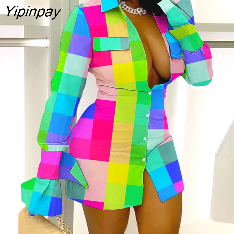 Yipinpay Women Long Sleeves Turn Down Collar Plaid Pattern Button Lace Patchwork Mini Dress Tops