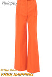 Yipinpay Elegant Orange High Waist Pants Pleated Wide Legs Cotton Linen Trousers Office Ladies 2023 Breathable Pants Summer