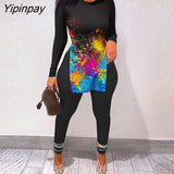 Yipinpay Women Chic Letter Print Split Hem Long Sleeve Top & Camouflage High Waist Pants Set