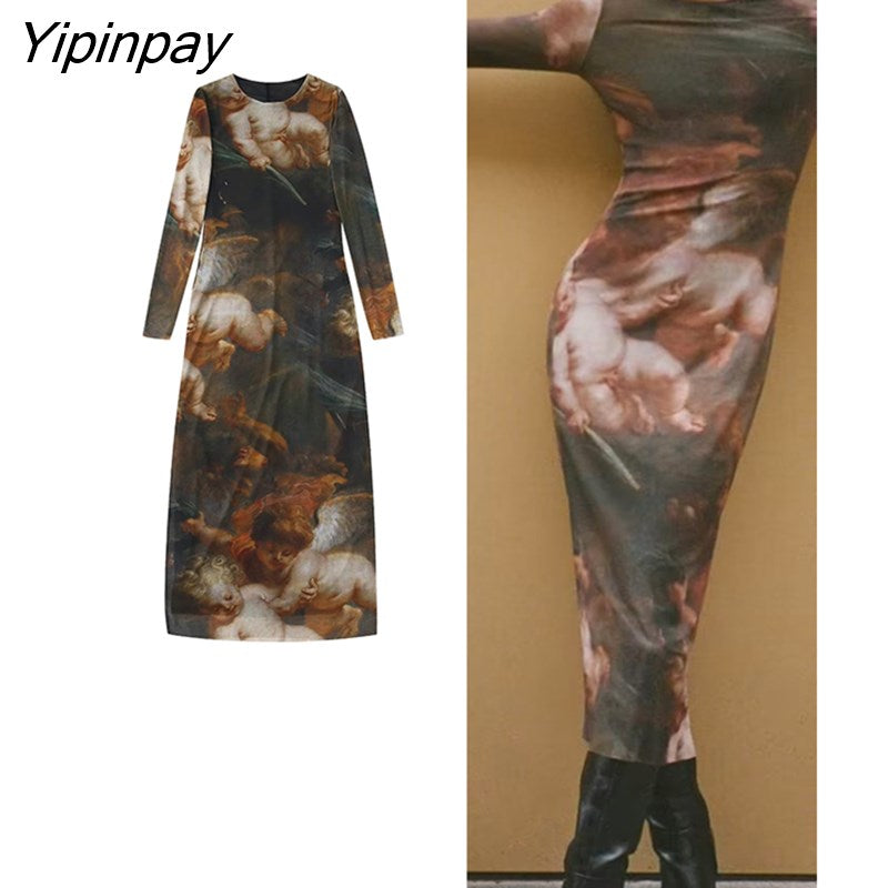 Yipinpay 2023 Women Tulle Printed Sheath Dresses Elegant O-Neck Folds Sexy Party Vestidos Fashion Long Sleeve Mid-Calf Dresses